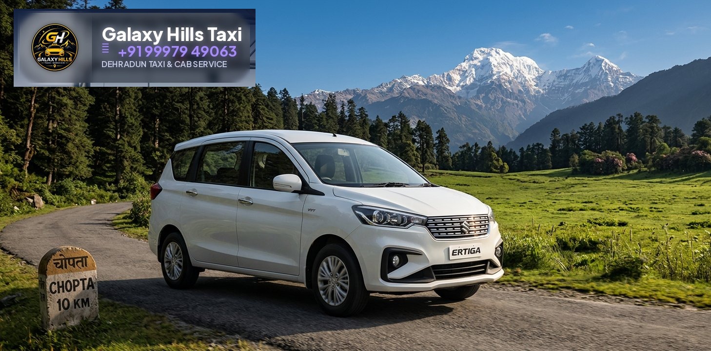 Galaxy Hills Ertiga on Ukhimath-Chopta forest road with Chaukhamba views