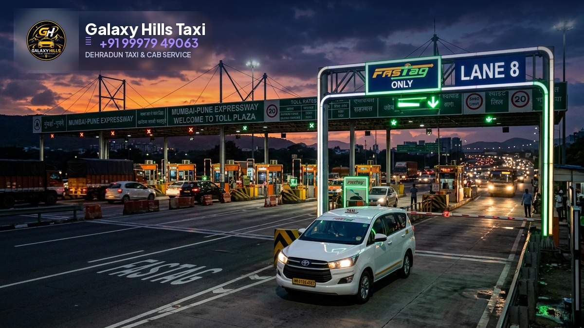 Toll plaza at dusk on the Delhi-Dehradun expressway with SUV taxi in FASTag lane