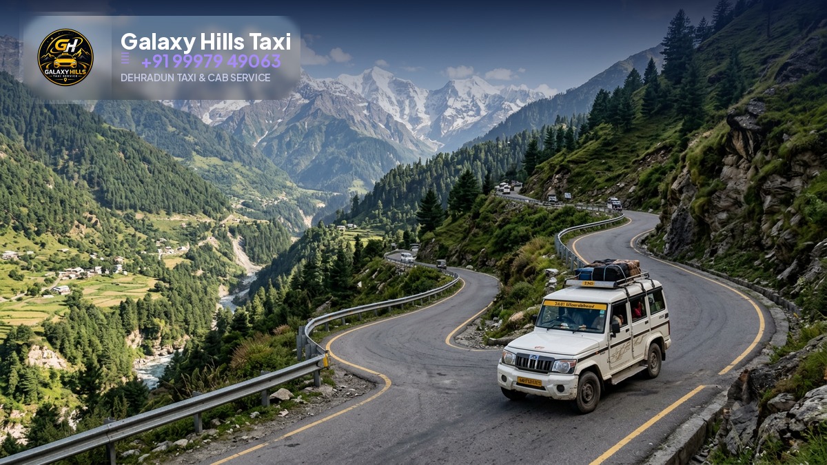 Mountain highway near Kedarnath with white SUV taxi on winding road