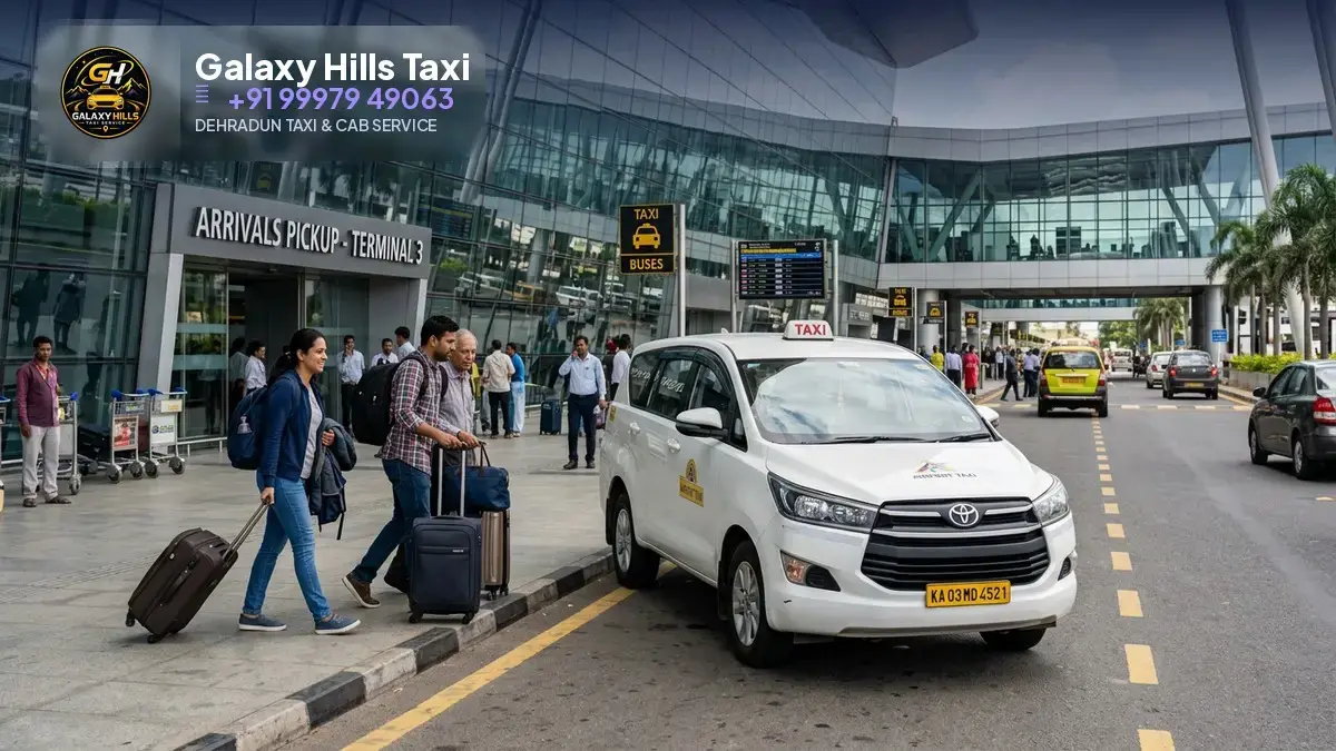 White Innova taxi at airport terminal pickup lane with travellers