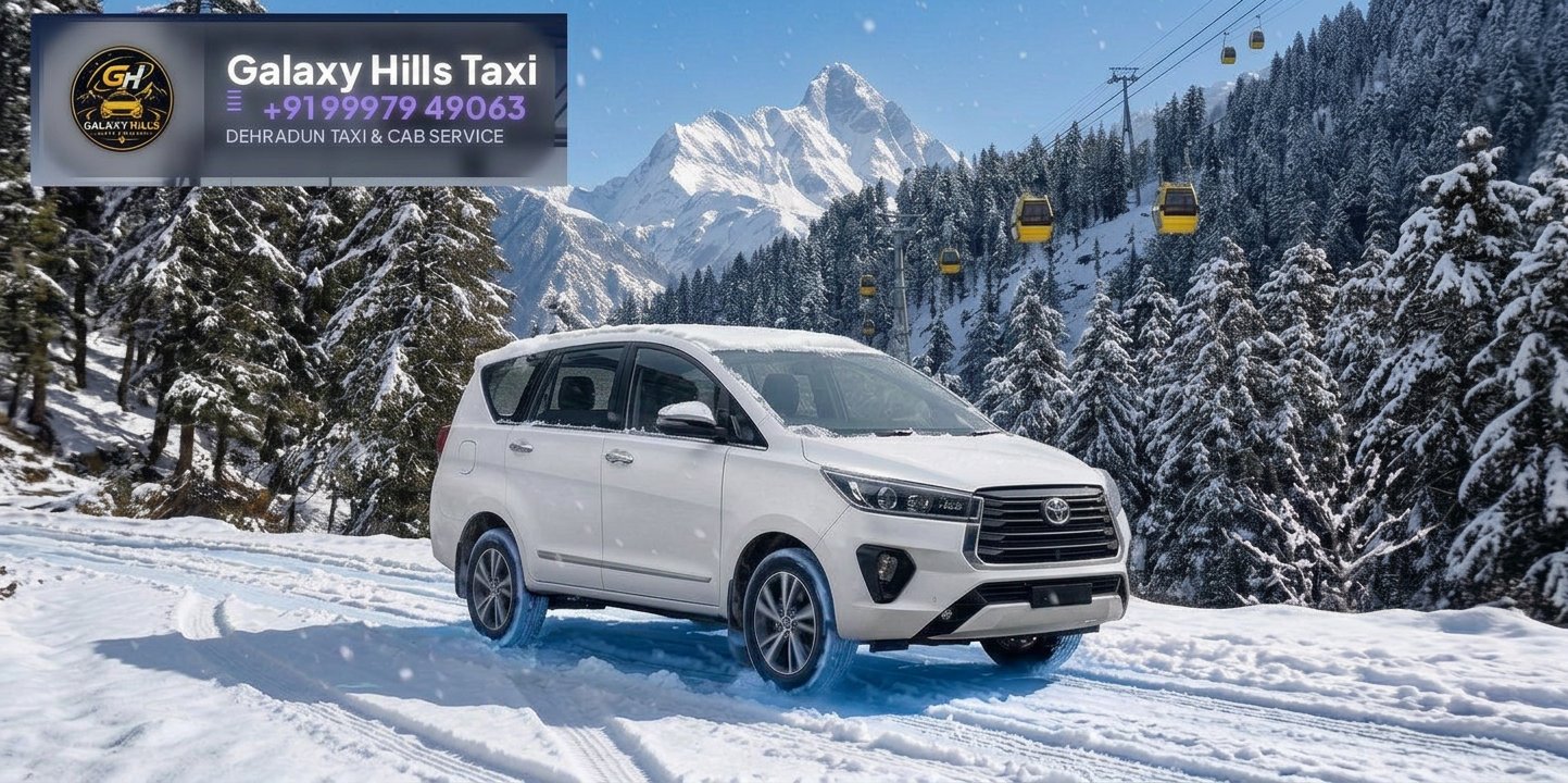 Galaxy Hills Innova Crysta on snowy Auli road with ropeway