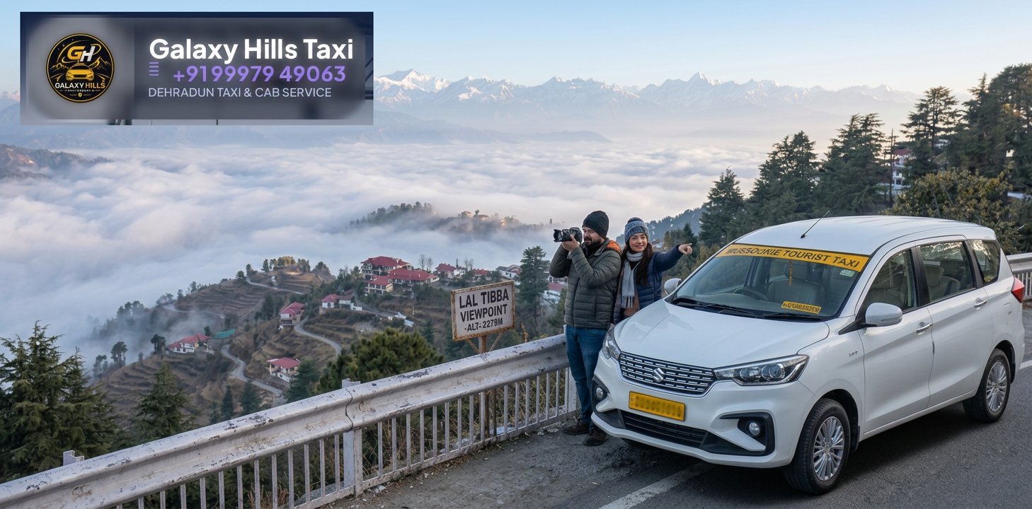 Galaxy Hills taxi at Mussoorie viewpoint with valley mist