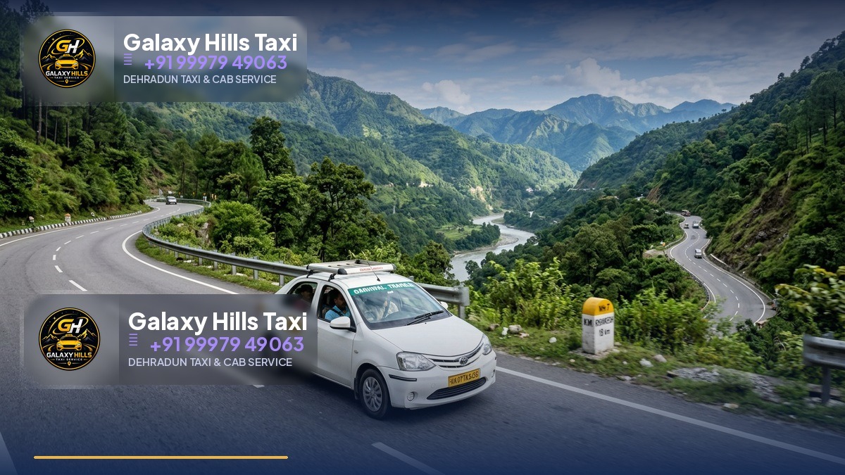 White taxi on NH-7 highway from Dehradun to Rishikesh with Himalayan foothills