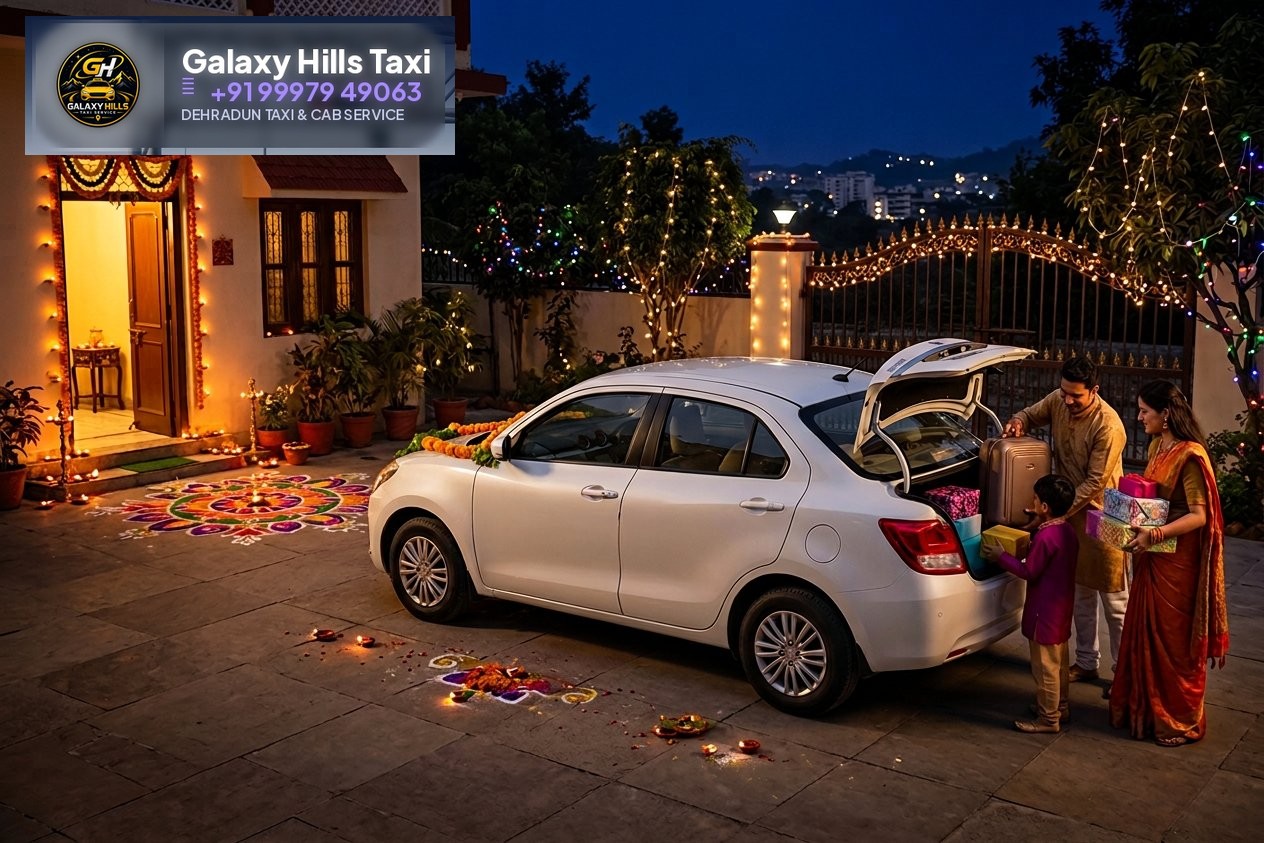 Dzire with garland at a Diwali-lit doorway in Dehradun