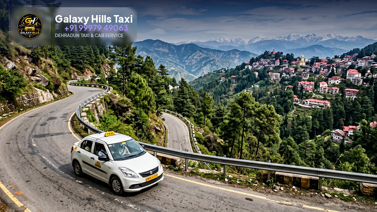 White taxi on a mountain road near Shimla with pine hills