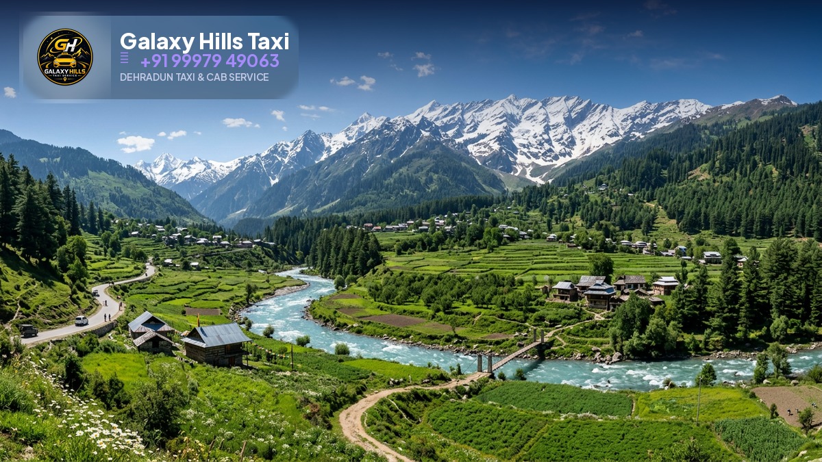 Manali valley with snow peaks and river