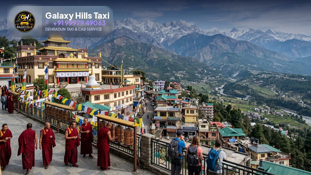 McLeodganj Dharamshala with Tibetan monastery and mountain view