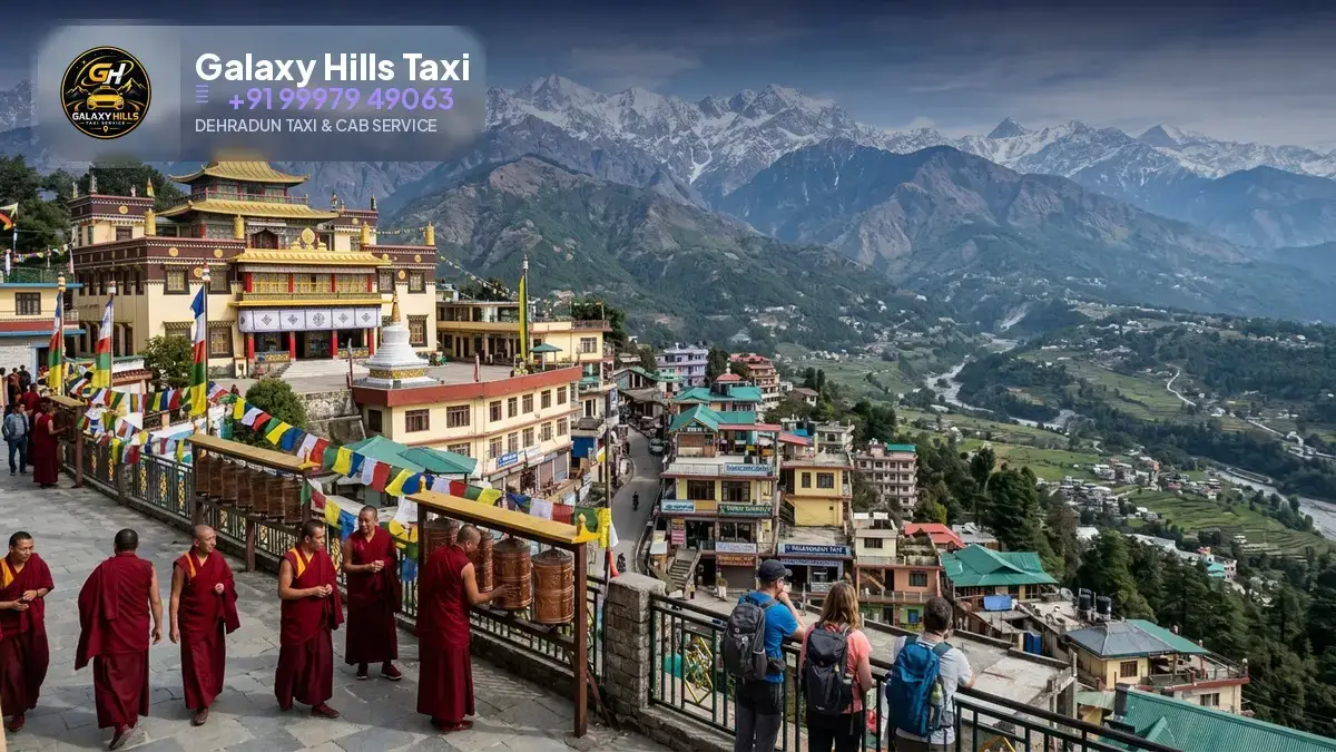 McLeodganj Dharamshala with Tibetan monastery and mountain view