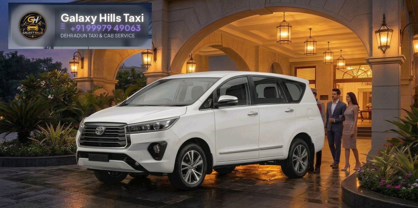 Galaxy Hills Innova Crysta at luxury hotel porte-cochere Dehradun