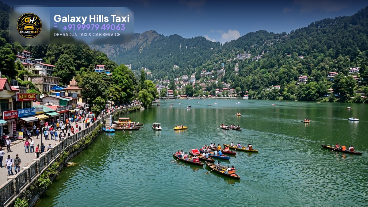 Naini Lake Nainital with boats and green hills