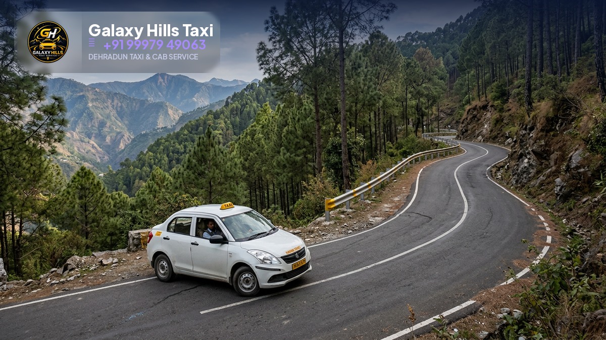 White taxi on a winding pine forest road in Kumaon