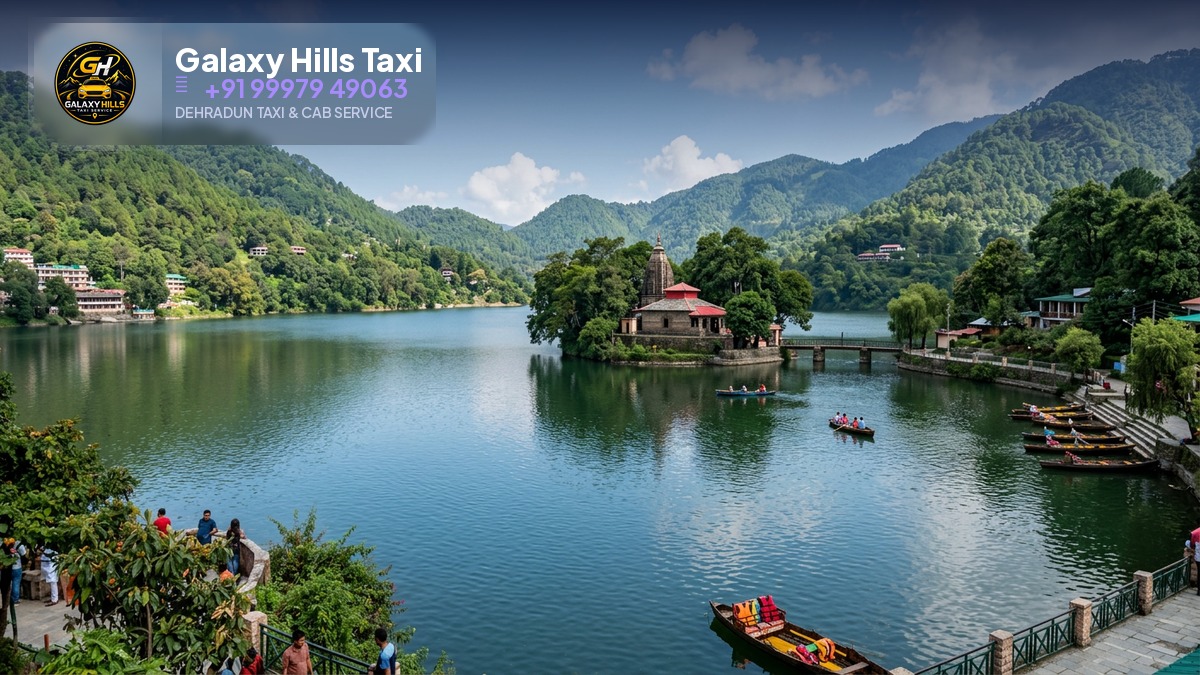 Bhimtal lake with island temple and green hills
