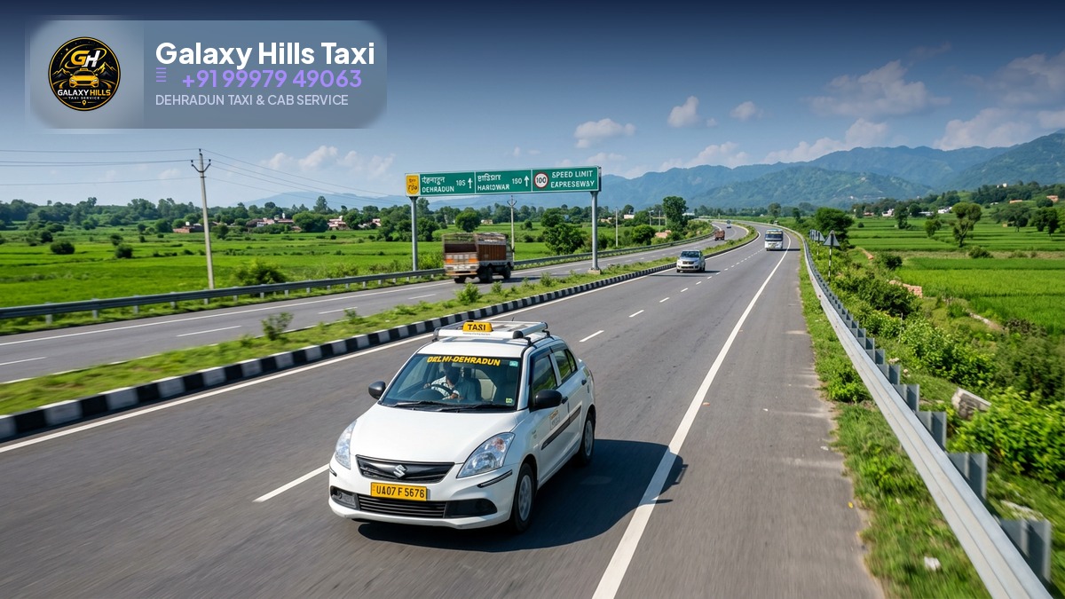 White taxi on the Delhi-Dehradun expressway with green fields