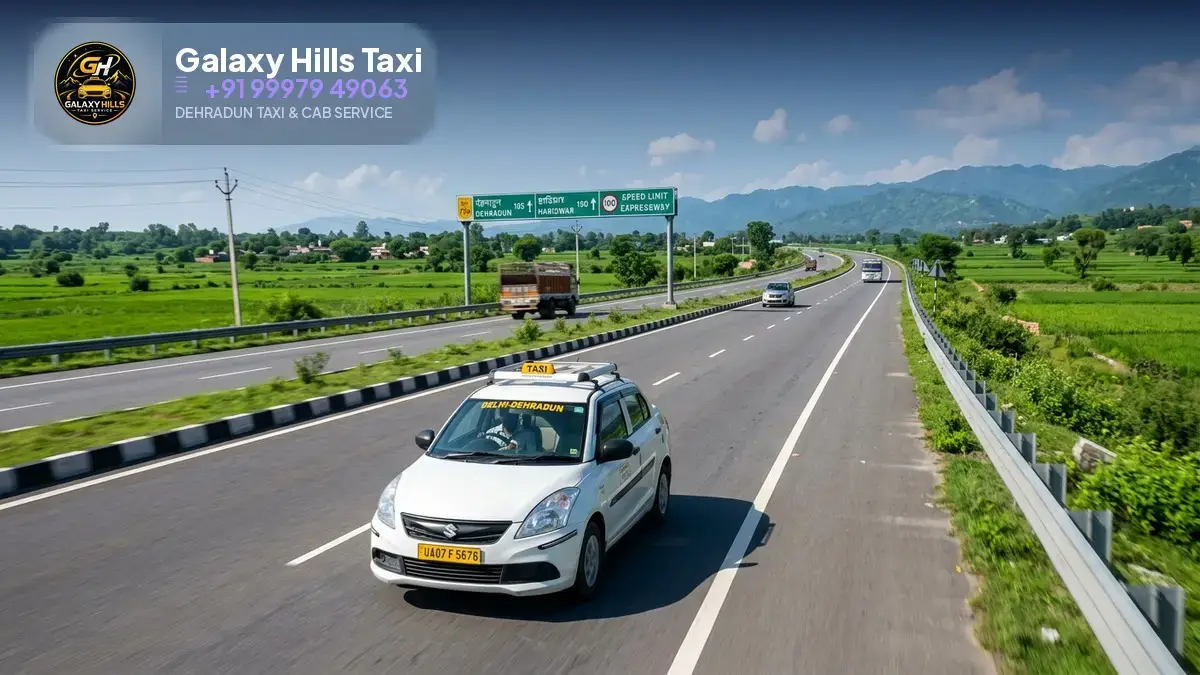 White taxi on the Delhi-Dehradun expressway with green fields
