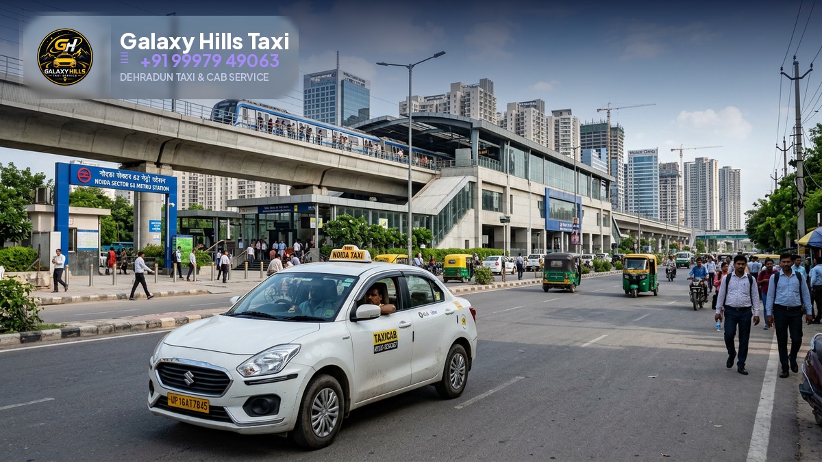 White taxi near a metro station in Noida city